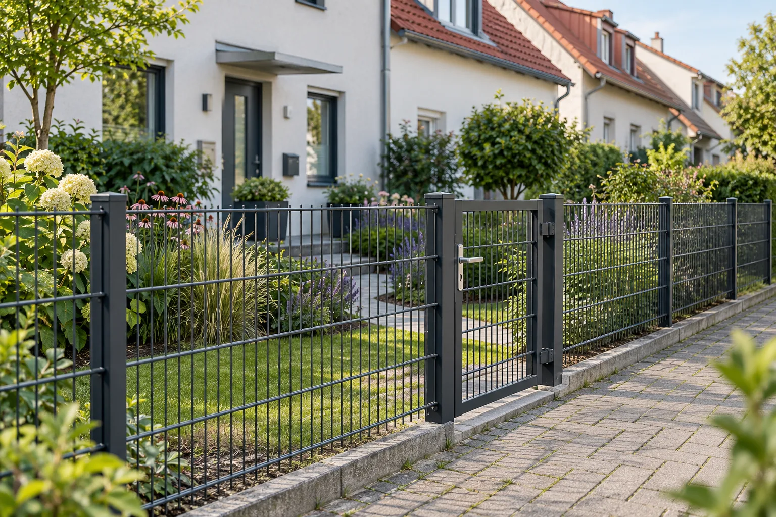 Metallzaun mit Gartentor vor begrünten Reihenhäusern