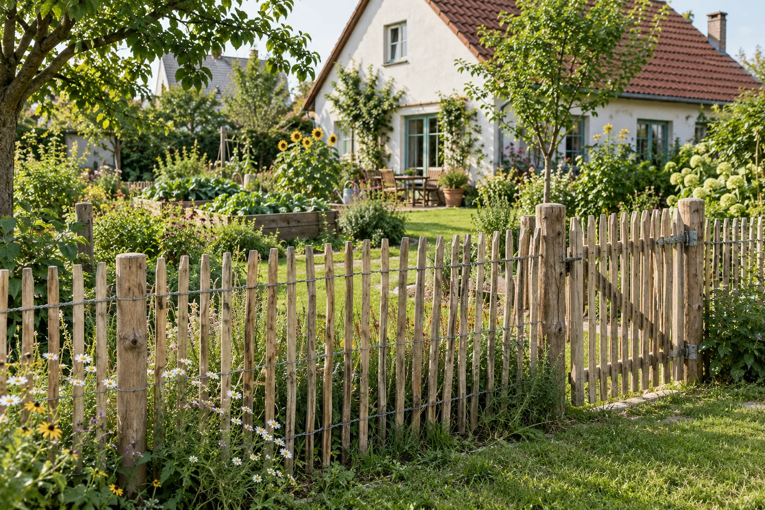 Staketenzaun aus Naturholz vor einem begrünten Einfamilienhaus mit Gemüsebeeten